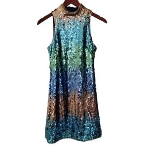 Aiden by Aiden Mattox Size 0 Mock Neck Blue Ombre Sequined Mini Prom Dress